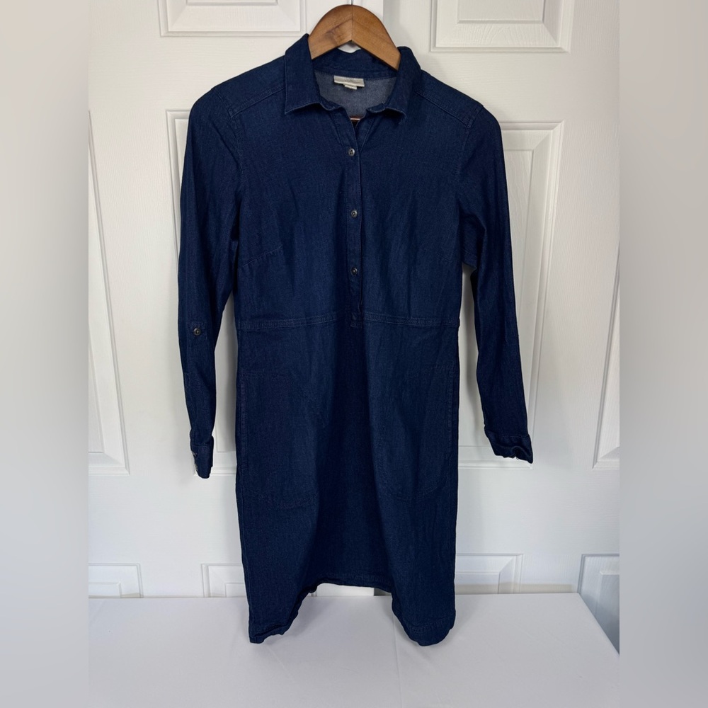 J Jill Blue‎ Denim Front Button Up Rolled  Sleeve Shirt Midi Dress Size S Petite